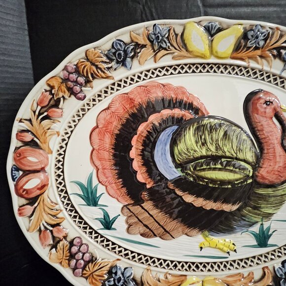 Large Vintage Decorative Turkey Platter, Thanksgiving, Holiday, Serving Platter - Picture 2 of 10